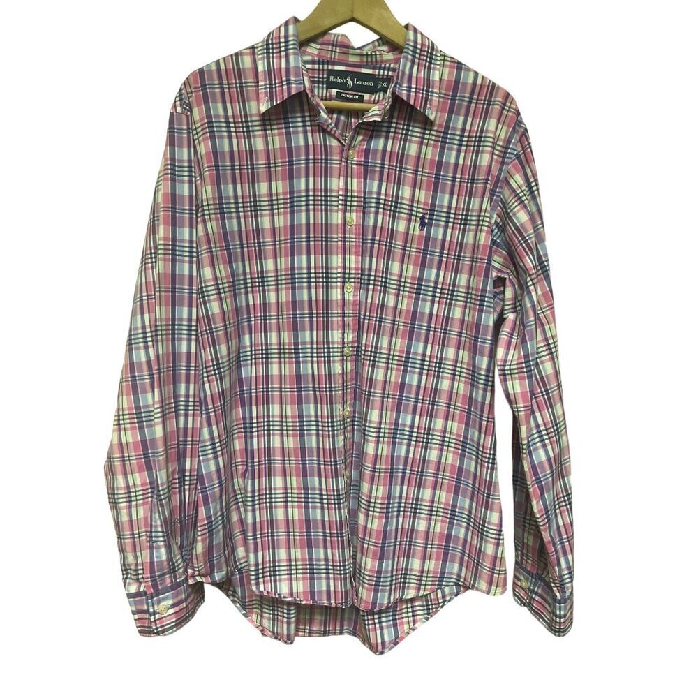 Polo Ralph Lauren Pink Blue Custom Fit Button Up Collared Shirt Men's Size XL